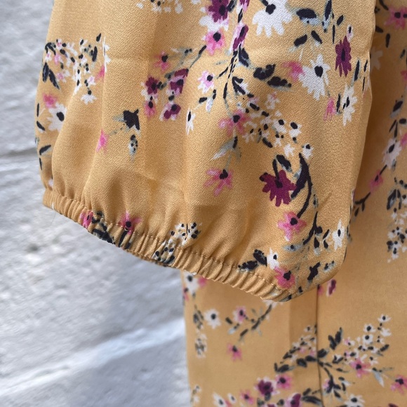 Short Sleeve Yellow Button Up w/ Pink & White Flower Print - Picture 2 of 6